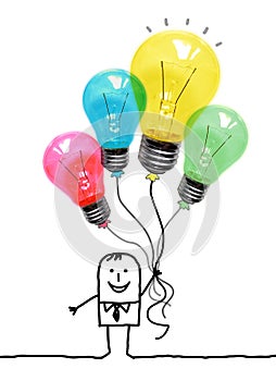 cartoon man with big colorful Balloons- light bulbs