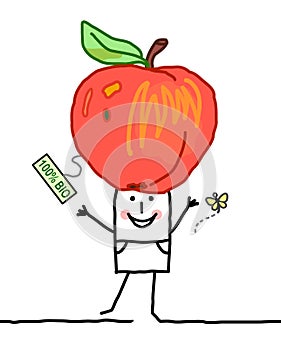 Cartoon Man with Big Organic Apple