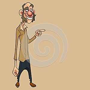 Cartoon man with big sideburns laughing pointing finger to side