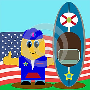 Cartoon man in blue whith dark-blue  kayak