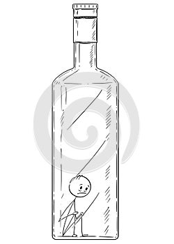 Cartoon of Man in Bottle, Concept of Alcoholism