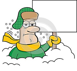Cartoon man buried in snow and holding a blank sign.