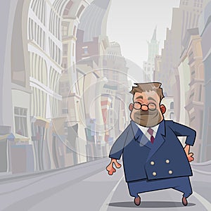 Cartoon man in a business suit with a tie stands on the street of a big city