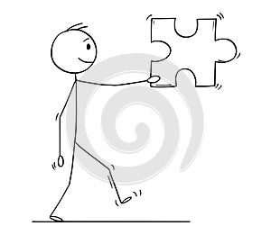 Cartoon of Man or Businessman Carrying Big Jigsaw Puzzle Piece
