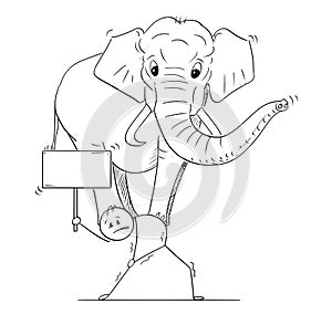 Cartoon of Man or Businessman Carrying Elephant on His Back and Holding Empty Sign