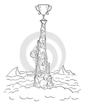 Cartoon of Man or Businessman Climbing and Toiling on The Top of The Crag for Success photo