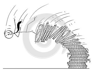 Cartoon of Man or Businessman Falling From Pile of Coins