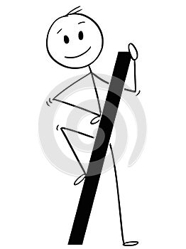 Cartoon of Man or Businessman Holding Big Forward Slash or Division Symbol or Sign