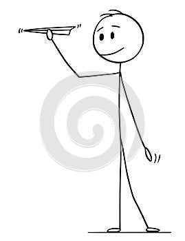 Cartoon of Man or Businessman Holding Paper Airplane