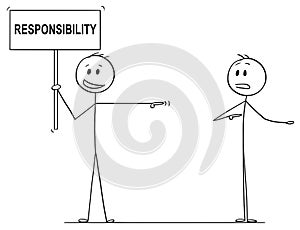 Cartoon of Man or Businessman Holding Responsibility Sign and Blaming Another Man