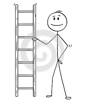 Cartoon of Man or Businessman Holding Small Ladder