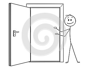 Cartoon of Man or Businessman Inviting to Go Through Open Door