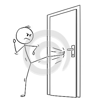 Cartoon of Man or Businessman Kicking the Locked Door