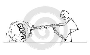 Cartoon of Man or Businessman Pulling Big Iron Ball With GDPR Text Chained to His Leg