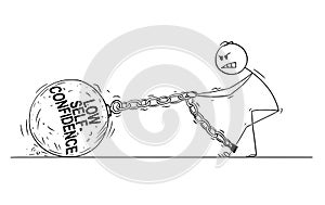 Cartoon of Man or Businessman Pulling Big Iron Ball With Low Self-Confidence Text Chained to His Leg
