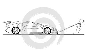 Cartoon of Man or Businessman Pulling Broken or Out of Gas Expensive Luxurious Sport Car