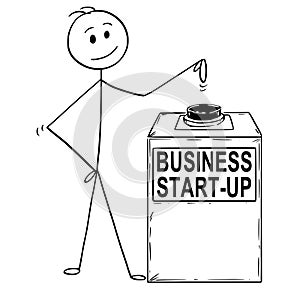 Cartoon of Man or Businessman Ready to Hit or Press the Business Startup or Start-up Button