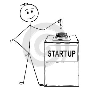 Cartoon of Man or Businessman Ready to Hit or Press the Startup or Start-up Button
