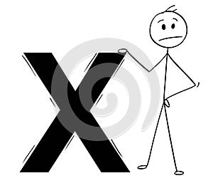 Cartoon of Man or Businessman Standing with Big Rejection Cross or X