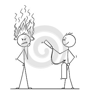 Cartoon of Man or Businessman Thinking Hard With Flames Coming From Head, Another Man With Fire Extinguisher