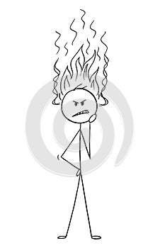 Cartoon of Man or Businessman Thinking Hard With His Hot Head Burning With Flames