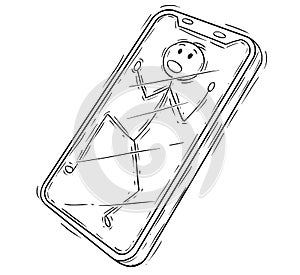 Cartoon of Man or Businessman Trapped Inside of Mobile Phone Display or Screen