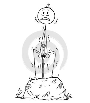 Cartoon of Man or Businessman Trying to Pull the Excalibur Sword From the Stone photo