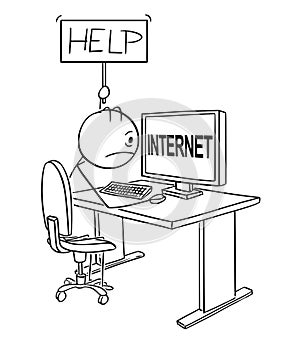 Cartoon of Man or Businessman Trying to Use Internet Holding Help Sign