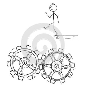 Cartoon of Man or Businessman Walking Artless to Fall in to Machine Cogwheels