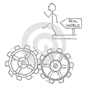 Cartoon of Man or Businessman Walking Artless to Fall in to Machine Cogwheels
