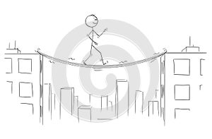 Cartoon of Man or Businessman Walking on Unstable Bridge Between High Buildings photo