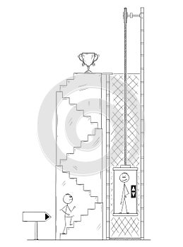 Cartoon of Man or Businessman Walking Up the Stairs for Winner`s Trophy, While Competitor is Using Elevator or Lift