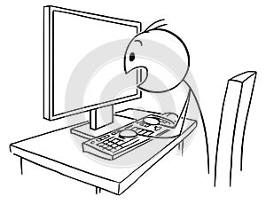 Cartoon of Man or Businessman Watching Computer Screen in Panic