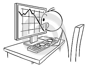Cartoon of Man or Businessman Watching in Panic Falling Graph or Chart on Computer Screen