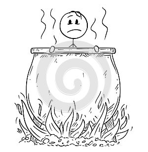 Cartoon of Man or Businessman, who is Boiling in Cauldron in Hell for His Sins