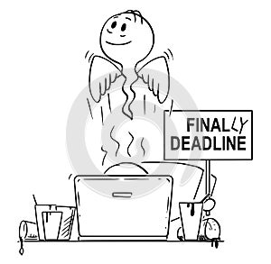 Cartoon of Man or Businessman Who Died While Working on Computer and Holding Finally Deadline Sign photo