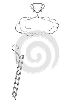 Cartoon of Man or Businessman Who is Trying to Achieve the Trophy Cup on Cloud, But His ladder is Too Short