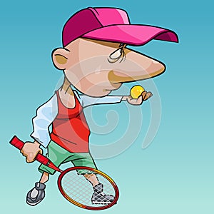 Cartoon man in a cap with a big nose plays tennis