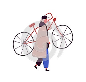 Cartoon man in cap and cloak raising up bike isolated on white background. Colored male character carry bicycle vector