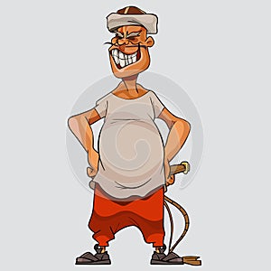 Cartoon man in a cap and with a whip stands grinning