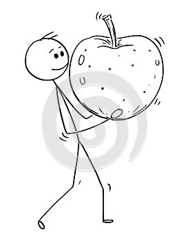 Cartoon of Man Carrying Big Ripe Apple Fruit