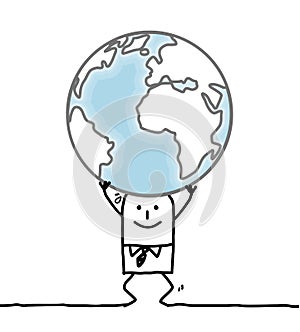 Cartoon man carrying the Earth