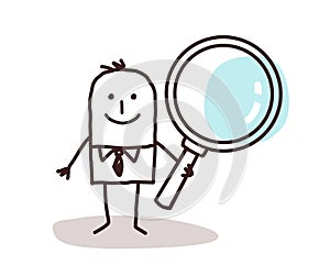 Cartoon man carrying a large magnifying glass