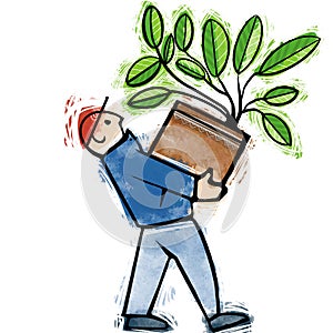 Cartoon Man Carrying Plant