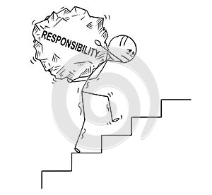 Cartoon of Man Carrying Upstairs Big Piece of Rock With Text Responsibility