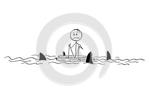 Cartoon of Man or Castaway Sitting Alone on Piece of Wood in the Middle of Ocean