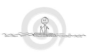 Cartoon of Man or Castaway Sitting Alone on Piece of Wood in the Middle of Ocean