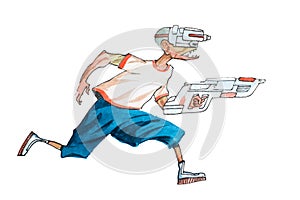 Cartoon man in casual clothes with futuristic glasses and weapon running chasing someone