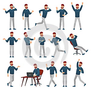 Cartoon man in casual outfit. Male character in different poses, walking guy and standing man vector illustration set