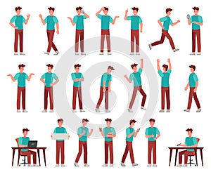 Cartoon man in casual outfit. Young male character in different poses. Student with various gestures, face expression